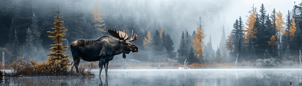 A stoic moose standing beside a mistcovered lake in the early morning, The background will be pure white, facilitating easy background removal for further use A stoic moose standing beside a mistcovered lake in the early morning, The background will be pure white, facilitating easy background removal for further use