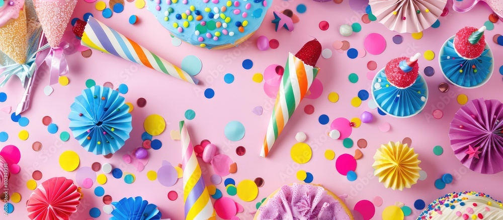 Celebration items arranged in a flat lay. Celebration items arranged in a flat lay.