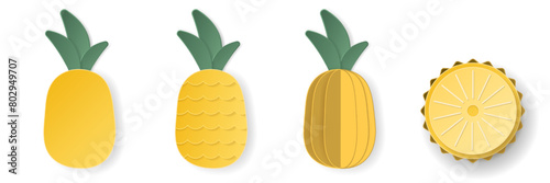 Set of 3d papercut pineapple sliced cutout ananas fruit. Summer layered fruits. Juicy food elements for restaurant, food, drinks, bars, recipes, summer, sweets, vegan, social media, presentation desig