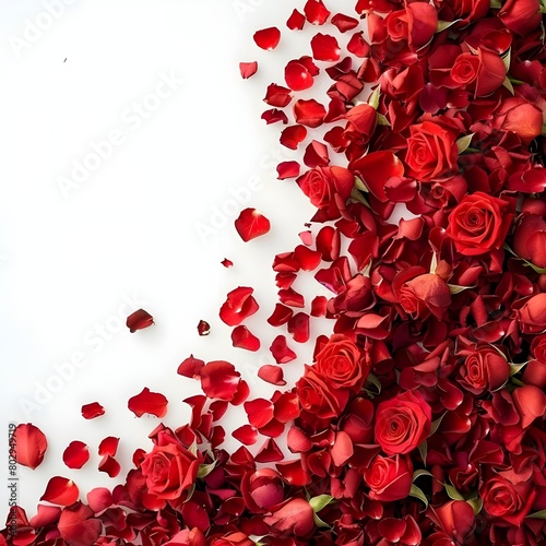 Beautiful red rose petals on white background, top view. abstract photo. Red rose petals isolated on white background. Decorated for love greetings on