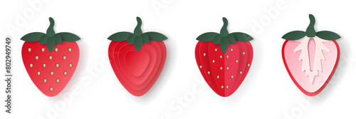 Set of 3d papercut strawberry sliced cutout berry fruit. Summer layered fruits. Juicy food elements for restaurant, food, drinks, bars, recipes, summer, sweets, vegan, social media, presentation desig