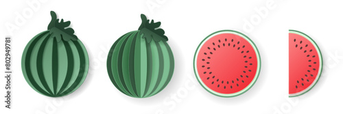 Set of 3d papercut watermelon sliced cutout berry fruit. Summer layered fruits. Juicy food elements for restaurant, food, drinks, bars, recipes, summer, sweets, vegan, social media, presentation desig