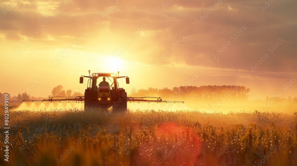 Tractor sprays crops in a field at sunset, with a golden haze Tractor sprays crops in a field at sunset, with a golden haze