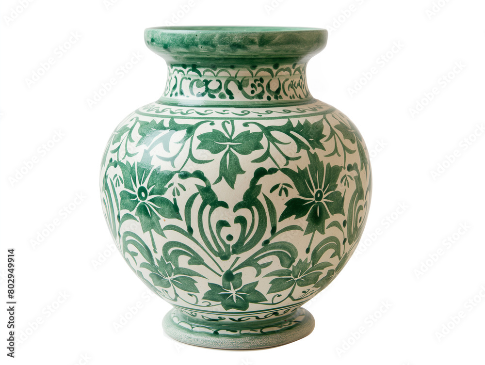 Green and white ceramic vase with floral pattern isolated on white background
