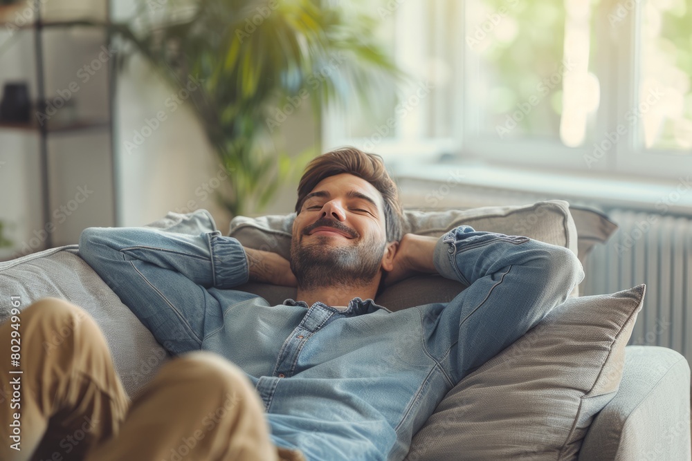 Caucasian men relaxing in the sofa, enjoying the day off Caucasian men relaxing in the sofa, enjoying the day off