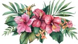 Vibrant painting of pink flowers and lush green leaves, perfect for home decor or botanical illustrations