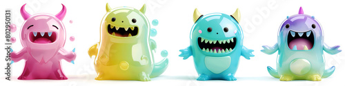 3d rendered illustration set of cute colorful scary kawaii monster isolated on white background