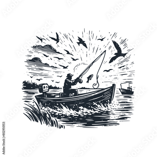 The fisherman. Black white vector logo illustration.	