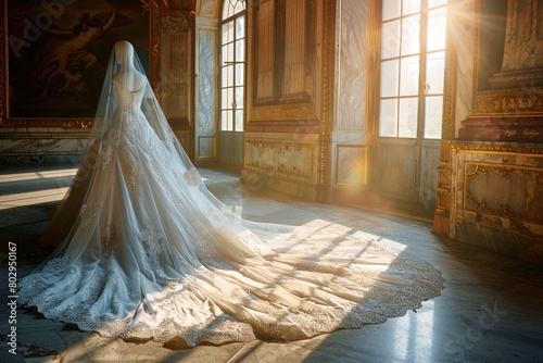 A woman in a wedding dress standing in a room. Perfect for wedding-related designs © Fotograf