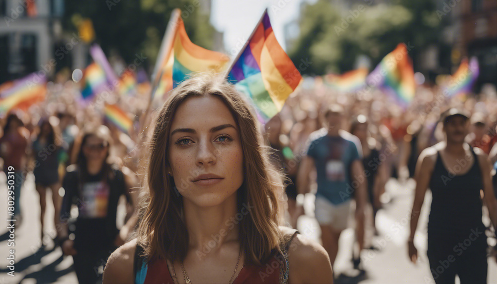 portrait of a women, Among the streets, hundreds of people march with LGBTQ flags in the pride paradise
