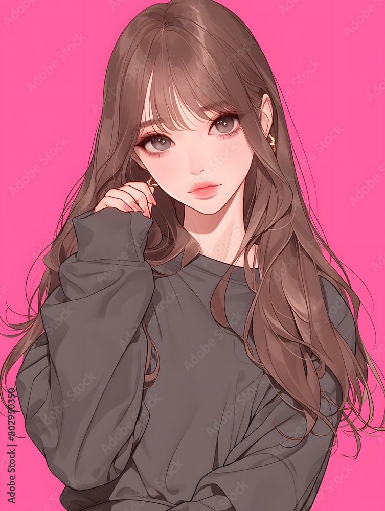 Fototapeta premium anime style. cute kpop idol girl on a simple one color background, Generative AI