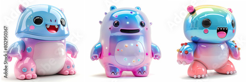 3d rendered illustration set of cute holographic scary monsters isolated on white background