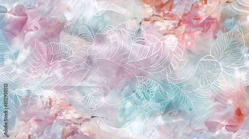 Abstract art combining watercolor washes and floral line drawings, in pastel tones