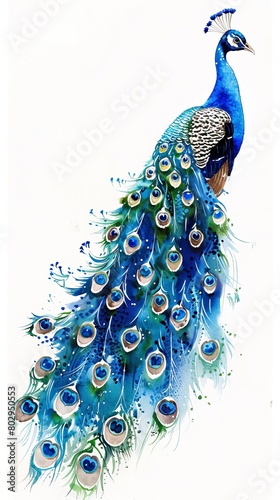 A sauntering peacock displaying its magnificent tail feathers, The background will be pure white, facilitating easy background removal for further use photo