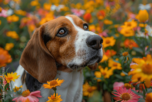 A basset hound with droopy ears sniffing around a colorful flower garden.