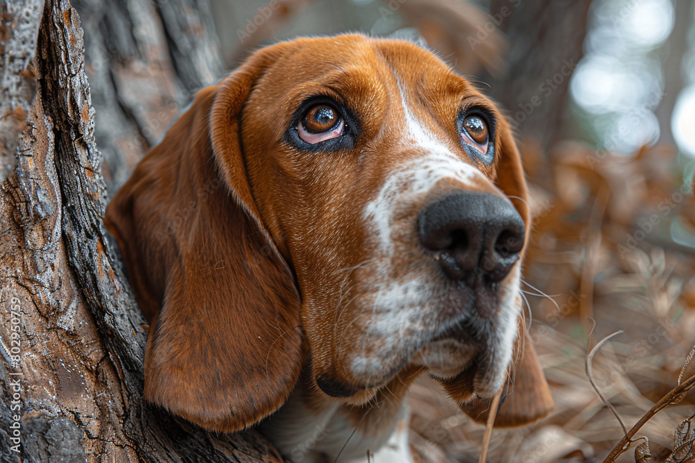 A basset hound with droopy ears sniffing around a tree trunk in a park.