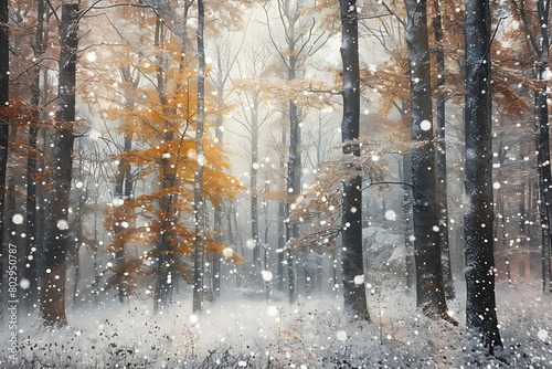 Winter   first snowfall blanketing a silent forest