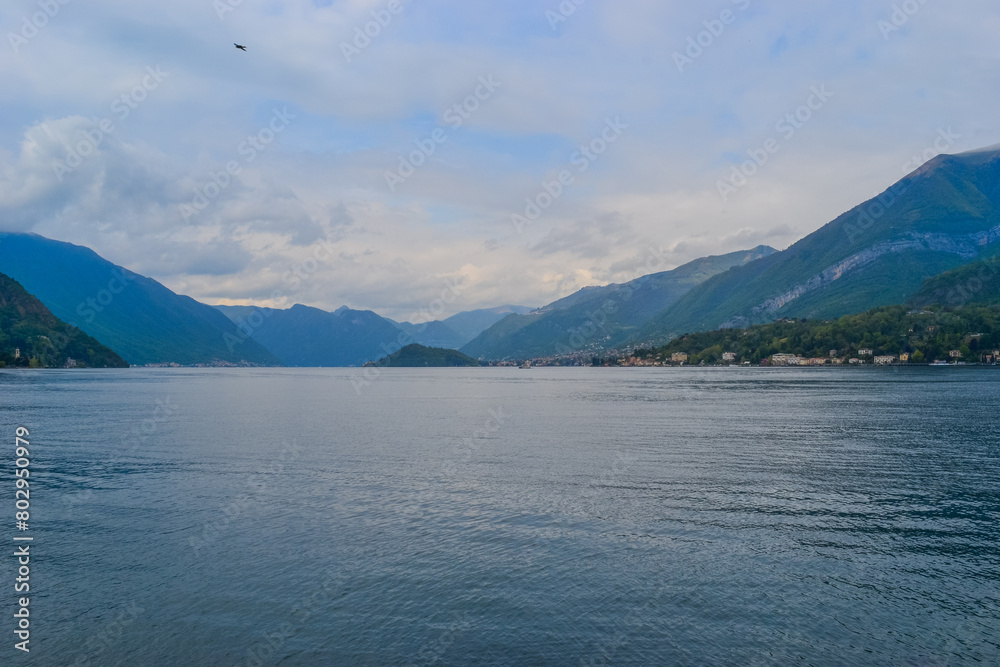 Landscape of Lake Como with views of the lake surface and majestic mountains