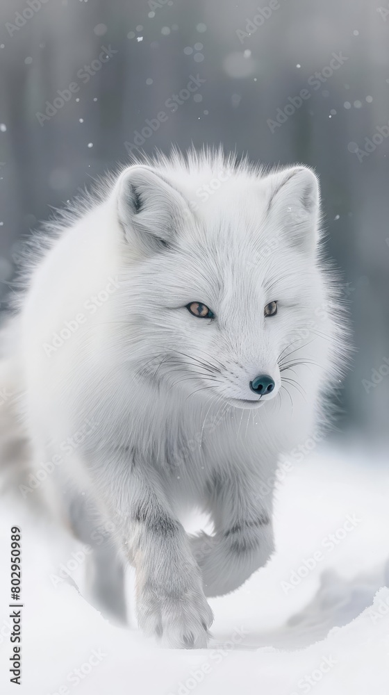 A prancing Arctic fox in its white winter coat, blending into the snowy landscape, The background will be pure white, facilitating easy background removal for further use A prancing Arctic fox in its white winter coat, blending into the snowy landscape, The background will be pure white, facilitating easy background removal for further use