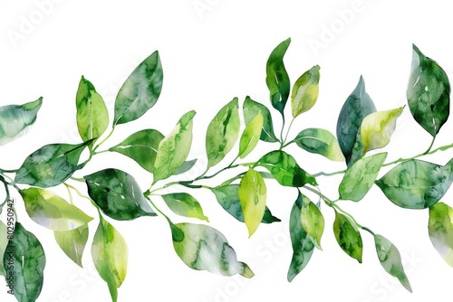 Green leaves painted in watercolor, suitable for nature themes photo