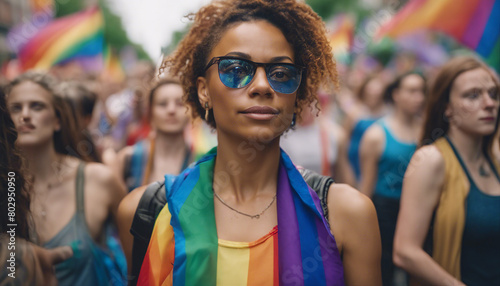 portrait of a women, Among the streets, hundreds of people march with LGBTQ flags in the pride paradise 