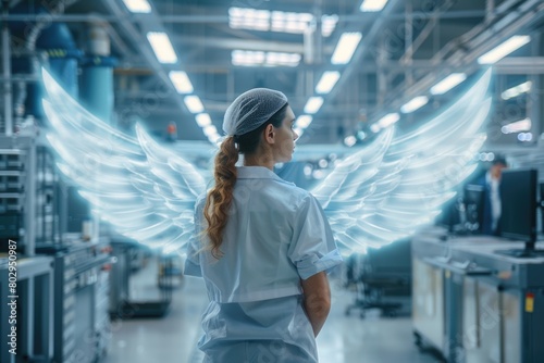 A woman wearing scrubs standing in a factory, suitable for medical or industrial concepts
