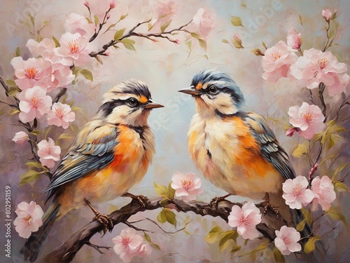 Birds sit on the branches of blooming spring trees. Oil painting in impressionism style