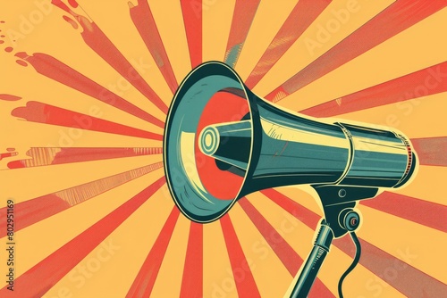 A vibrant poster featuring a megaphone on a yellow background. Perfect for advertising or announcements © Fotograf