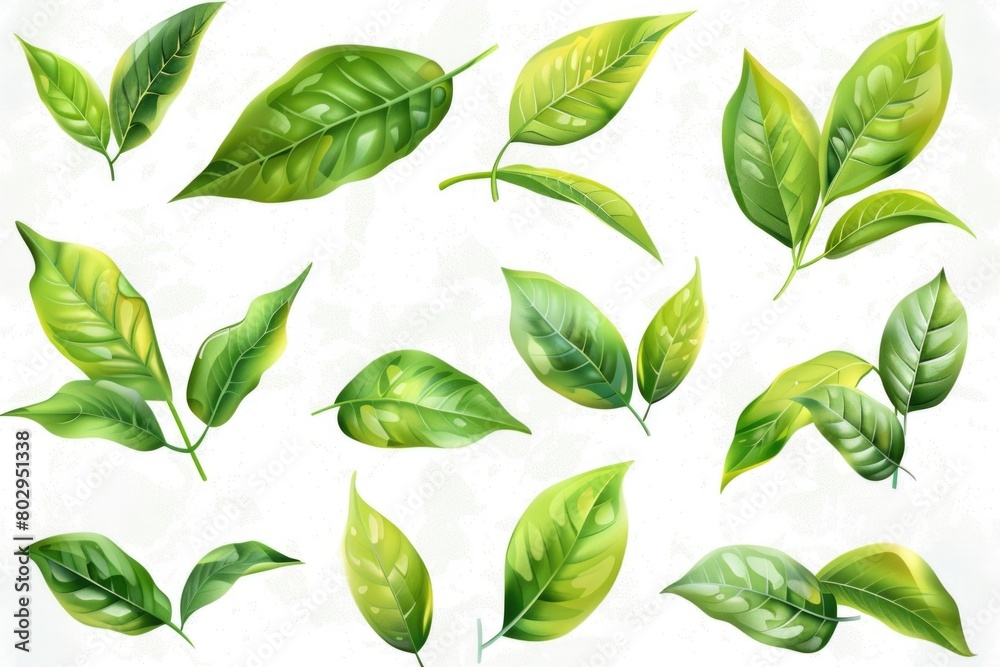 A collection of green leaves on a white background. Perfect for nature-themed designs A collection of green leaves on a white background. Perfect for nature-themed designs