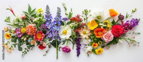 Arrangement of flowers with different colors on a white background. Represents themes of Easter, spring, and summer. Viewed from above in a flat position.