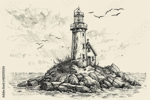 A drawing of a lighthouse on a rocky island. Suitable for maritime and navigation themes photo