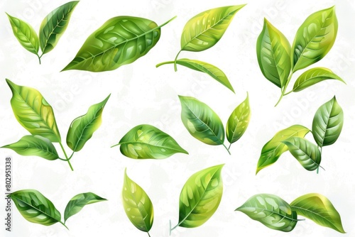 A collection of green leaves on a white background. Perfect for nature-themed designs