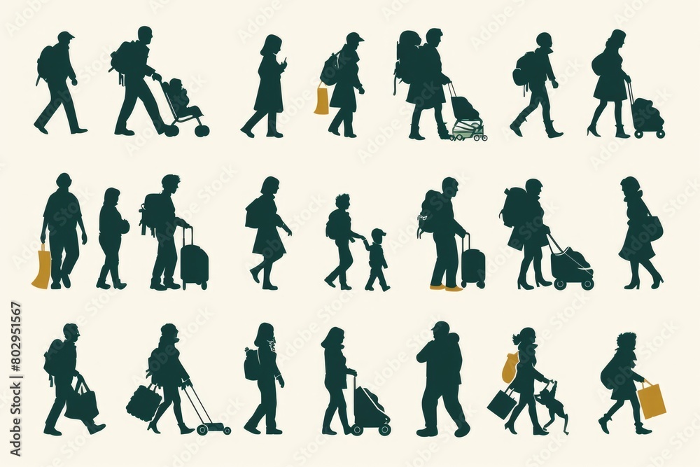 A group of people walking together while carrying luggage. Ideal for travel and transportation concepts
