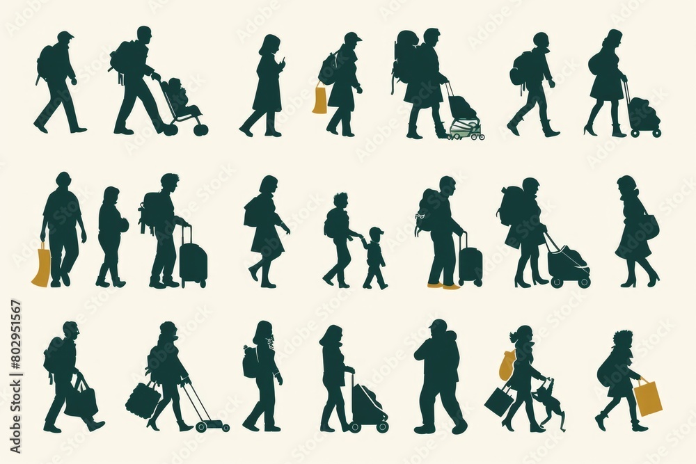 A group of people walking together while carrying luggage. Ideal for travel and transportation concepts A group of people walking together while carrying luggage. Ideal for travel and transportation concepts