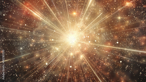 Digital illustration of a radiant starburst with dust particles against a cosmic backdrop