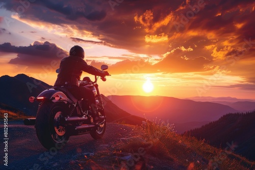 A person riding a motorcycle on a road at sunset. Suitable for travel or adventure concepts