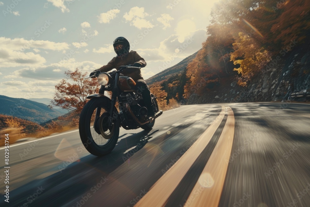 A man riding a motorcycle on a scenic curvy road, perfect for travel and adventure concepts A man riding a motorcycle on a scenic curvy road, perfect for travel and adventure concepts