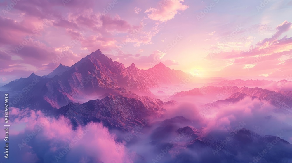 A pastel mountain landscape at dawn