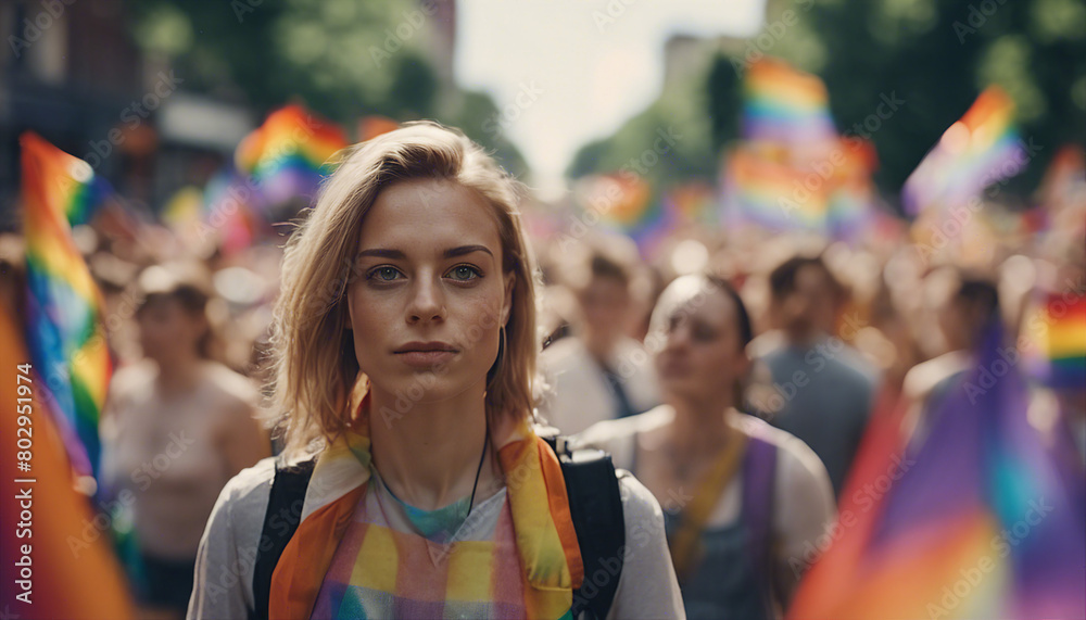 portrait of a women, Among the streets, hundreds of people march with LGBTQ flags in the pride paradise
portrait of a women, Among the streets, hundreds of people march with LGBTQ flags in the pride paradise