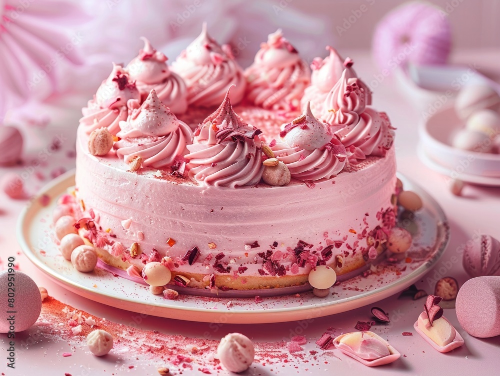 A decadent pink cake, perfect for a celebration, topped with lush decorations to symbolize indulgence and joy A decadent pink cake, perfect for a celebration, topped with lush decorations to symbolize indulgence and joy