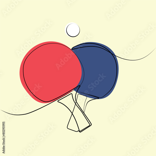 Tennis ping pong rackets and ball continuous line drawing. Ping pong paddles, table tennis rackets.Sport and active lifestyle concept.Sports equipment poster,banner, proint,design element. Vector 