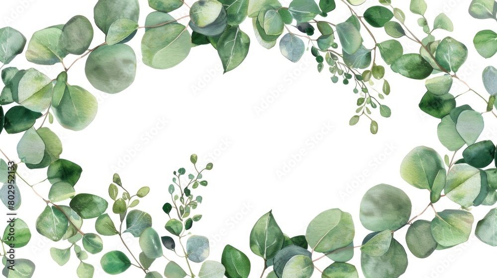 A wreath of green leaves and branches on a white background. Perfect for nature-themed designs