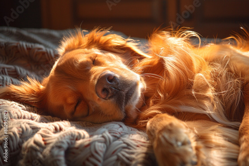 A contented golden retriever lying on its back in a sunbeam, eyes closed in bliss as it basks in the warmth. photo