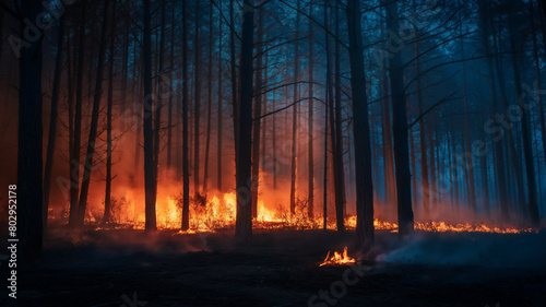 Eerie night forest fire, with flames engulfing the underbrush and blue smoke rising among the silhouetted trees. photo