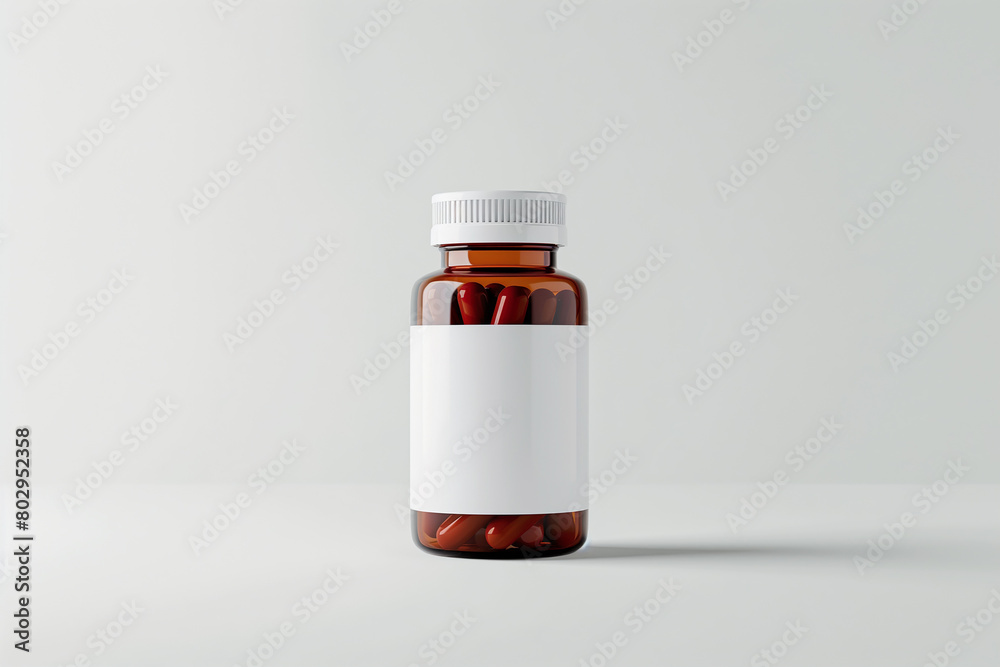 a brown jar with a white lid with a label with pills on a gray background