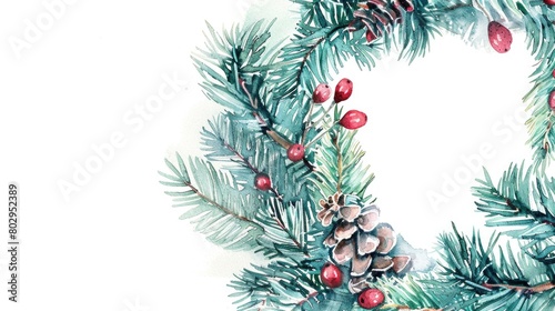A beautiful watercolor painting of a wreath with pine cones and berries. Perfect for holiday designs and greeting cards