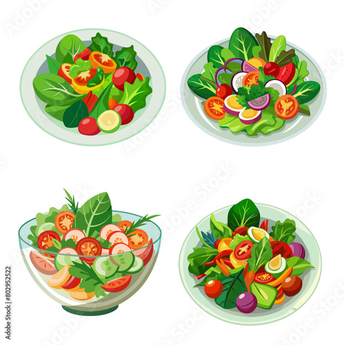 Set of green salad of fresh vegetables salad bowl on white background