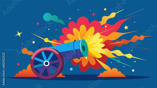 A colorful burst of smoke and sparks accompany the firing of the cannon symbolizing the freedom and unity of the nation.. Vector illustration