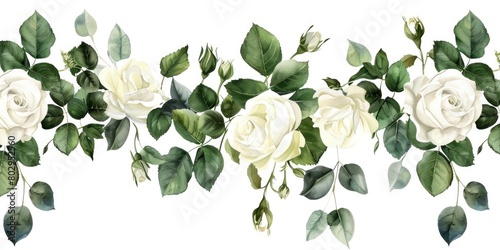 Beautiful watercolor painting of white roses and green leaves. Perfect for home decor or greeting cards