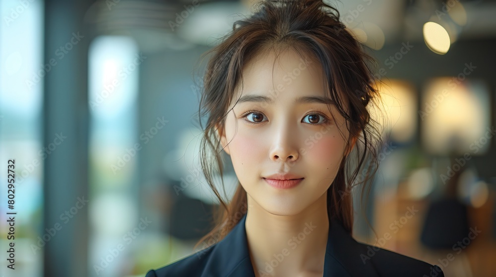 A photo of a young Asian woman with long dark hair and brown eyes, wearing a black suit jacket. A photo of a young Asian woman with long dark hair and brown eyes, wearing a black suit jacket.